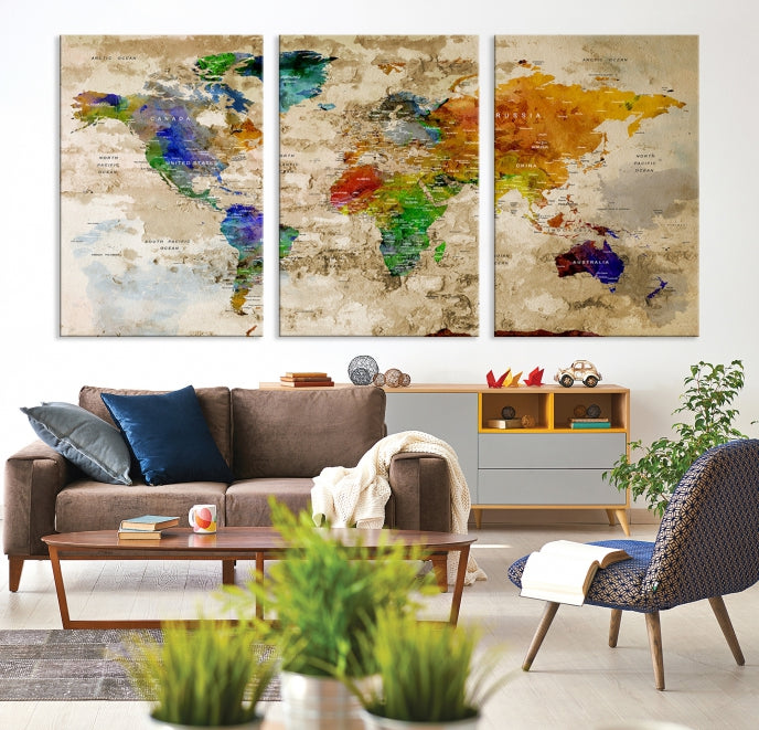 Extra Large Modern World Map with Push Pins Detailed Travel Map Canvas Art Print