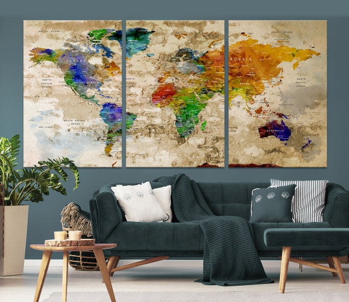 Extra Large Modern World Map with Push Pins Detailed Travel Map Canvas Art Print