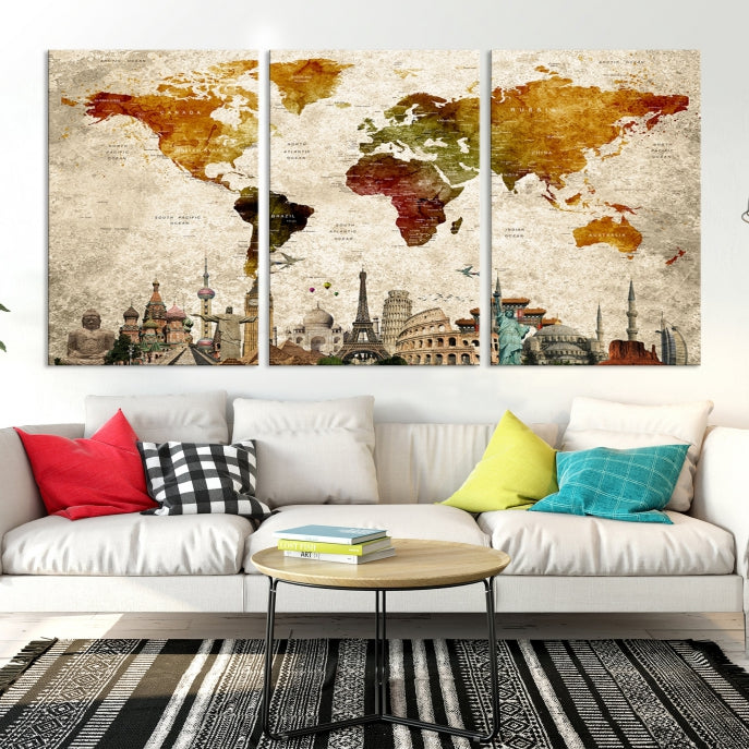 Extra Large Push Pin Detailed World Map with World Landmarks Wall Art Canvas Print