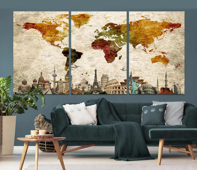 Extra Large Push Pin Detailed World Map with World Landmarks Wall Art Canvas Print