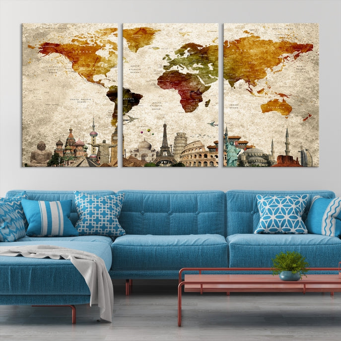 Extra Large Push Pin Detailed World Map with World Landmarks Wall Art Canvas Print