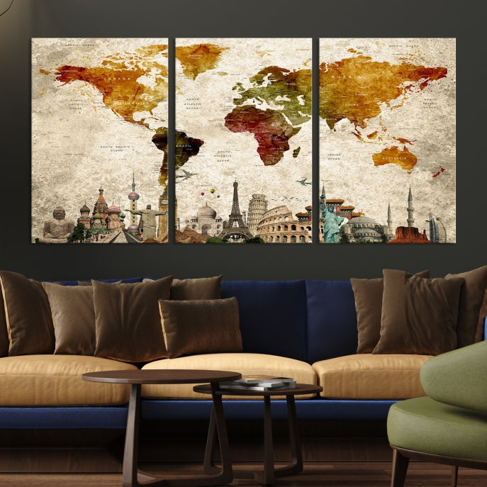 Extra Large Push Pin Detailed World Map with World Landmarks Wall Art Canvas Print