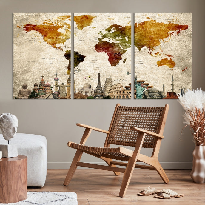 Extra Large Push Pin Detailed World Map with World Landmarks Wall Art Canvas Print