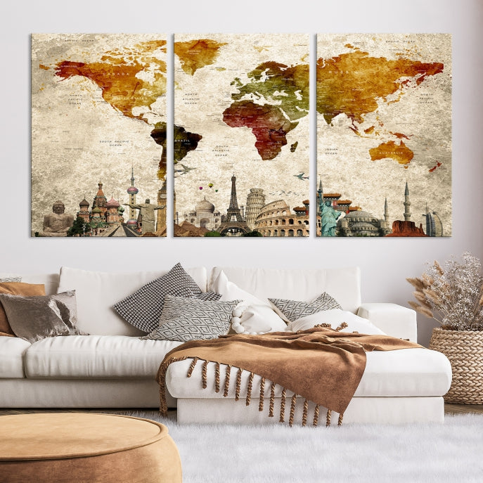 Extra Large Push Pin Detailed World Map with World Landmarks Wall Art Canvas Print