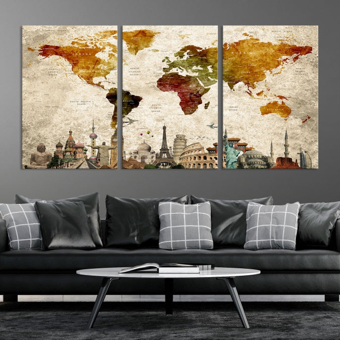 Extra Large Push Pin Detailed World Map with World Landmarks Wall Art Canvas Print