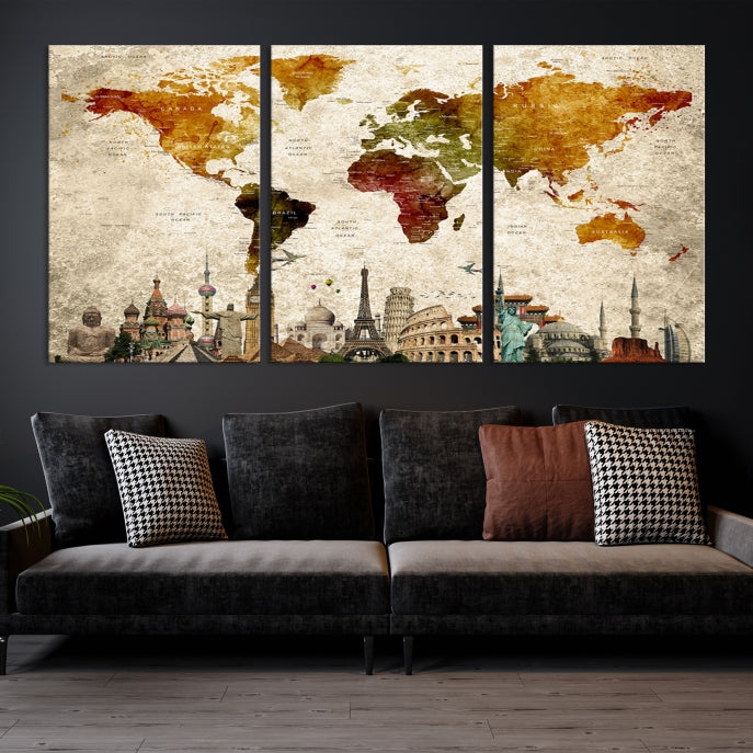 Extra Large Push Pin Detailed World Map with World Landmarks Wall Art Canvas Print