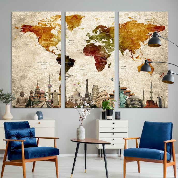 Extra Large Push Pin Detailed World Map with World Landmarks Wall Art Canvas Print