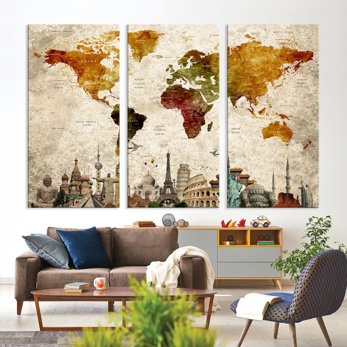 Extra Large Push Pin Detailed World Map with World Landmarks Wall Art Canvas Print