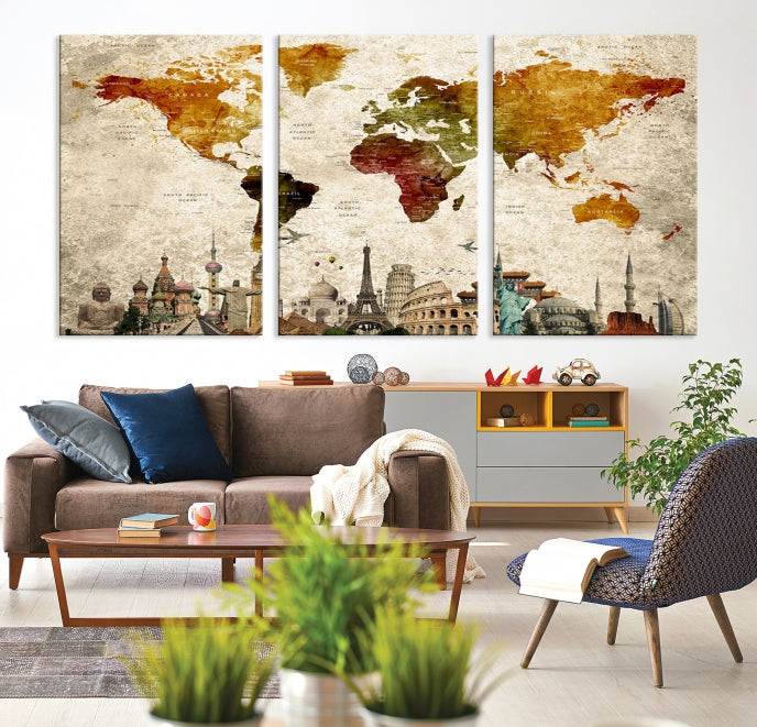 Extra Large Push Pin Detailed World Map with World Landmarks Wall Art Canvas Print