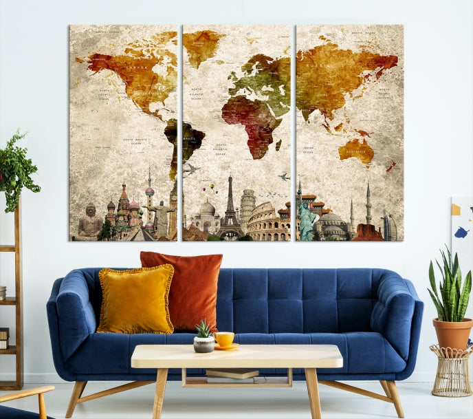 Extra Large Push Pin Detailed World Map with World Landmarks Wall Art Canvas Print