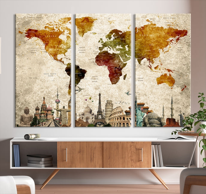 Extra Large Push Pin Detailed World Map with World Landmarks Wall Art Canvas Print