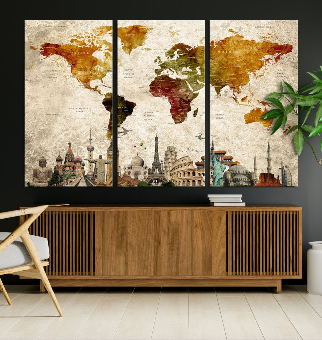 Extra Large Push Pin Detailed World Map with World Landmarks Wall Art Canvas Print