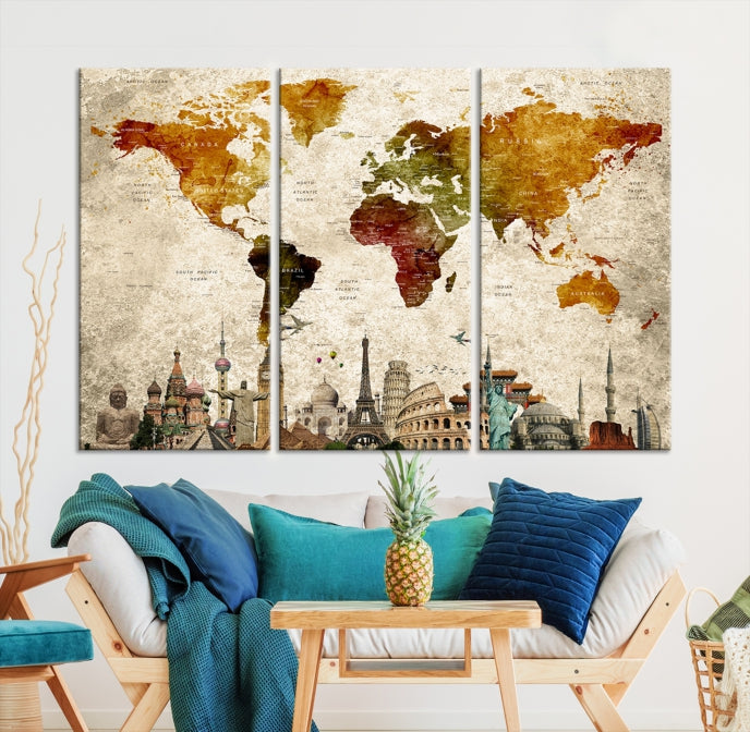 Extra Large Push Pin Detailed World Map with World Landmarks Wall Art Canvas Print