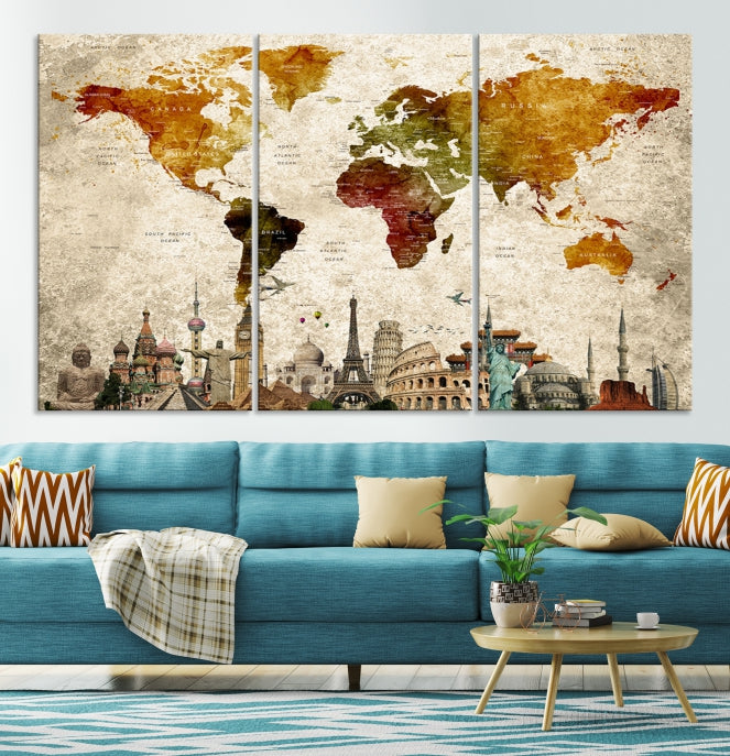 Extra Large Push Pin Detailed World Map with World Landmarks Wall Art Canvas Print