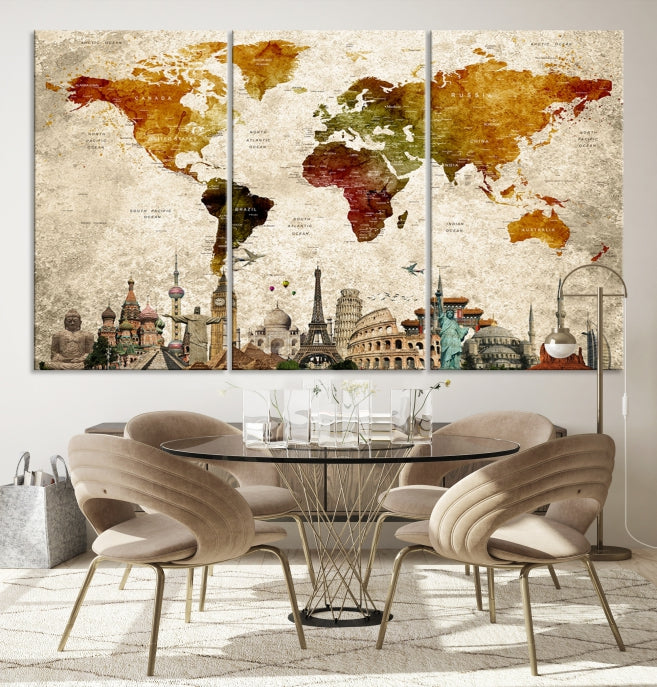 Extra Large Push Pin Detailed World Map with World Landmarks Wall Art Canvas Print