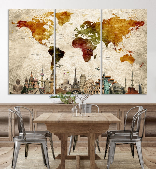 Extra Large Push Pin Detailed World Map with World Landmarks Wall Art Canvas Print