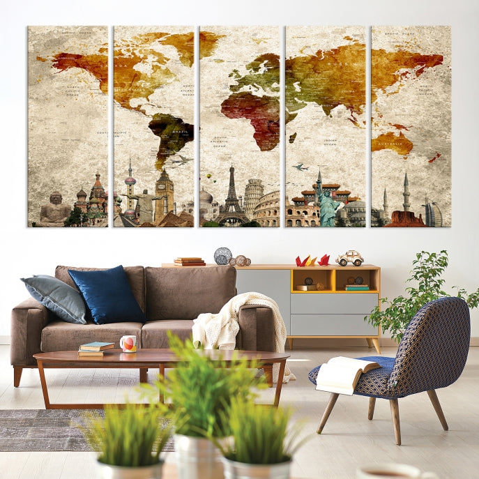 Extra Large Push Pin Detailed World Map with World Landmarks Wall Art Canvas Print