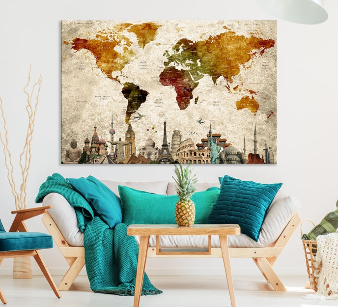 Extra Large Push Pin Detailed World Map with World Landmarks Wall Art Canvas Print