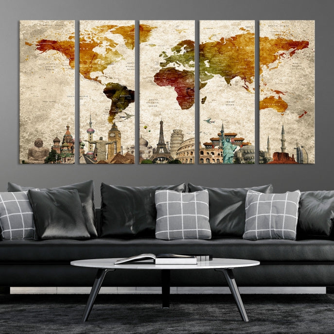 Extra Large Push Pin Detailed World Map with World Landmarks Wall Art Canvas Print