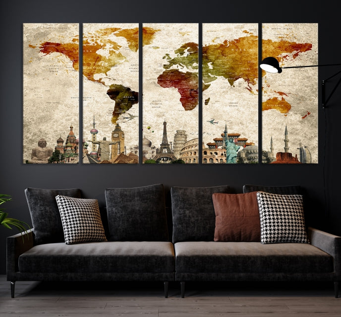 Extra Large Push Pin Detailed World Map with World Landmarks Wall Art Canvas Print