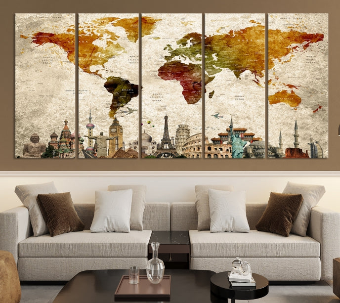 Extra Large Push Pin Detailed World Map with World Landmarks Wall Art Canvas Print