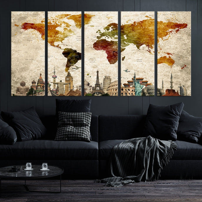 Extra Large Push Pin Detailed World Map with World Landmarks Wall Art Canvas Print