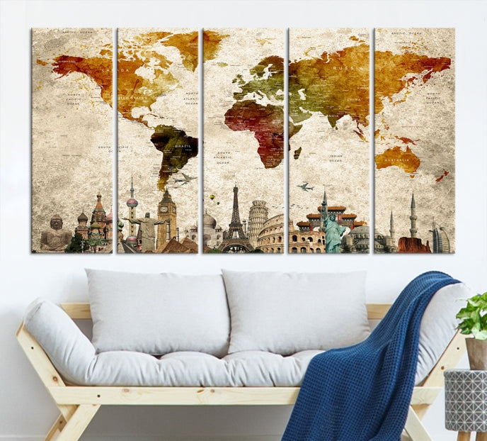 Extra Large Push Pin Detailed World Map with World Landmarks Wall Art Canvas Print