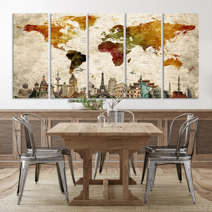 Extra Large Push Pin Detailed World Map with World Landmarks Wall Art Canvas Print