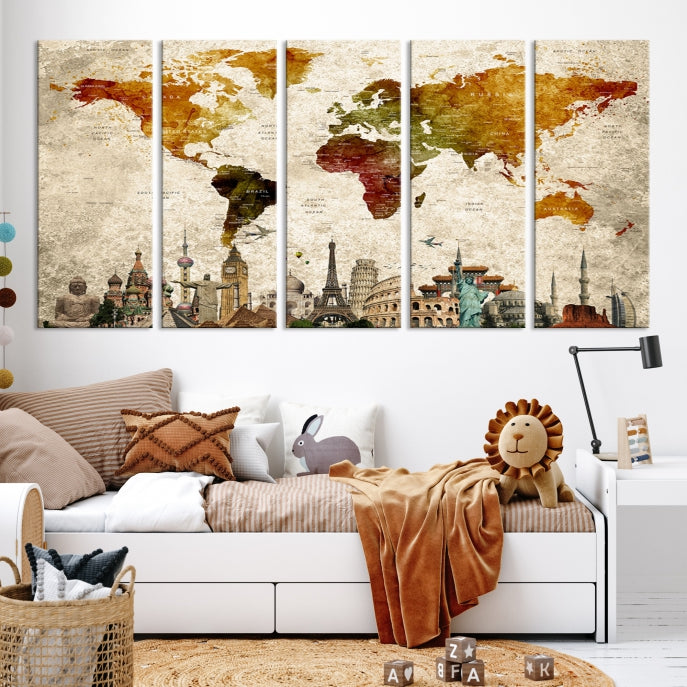 Extra Large Push Pin Detailed World Map with World Landmarks Wall Art Canvas Print