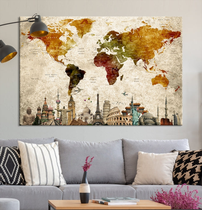 Extra Large Push Pin Detailed World Map with World Landmarks Wall Art Canvas Print