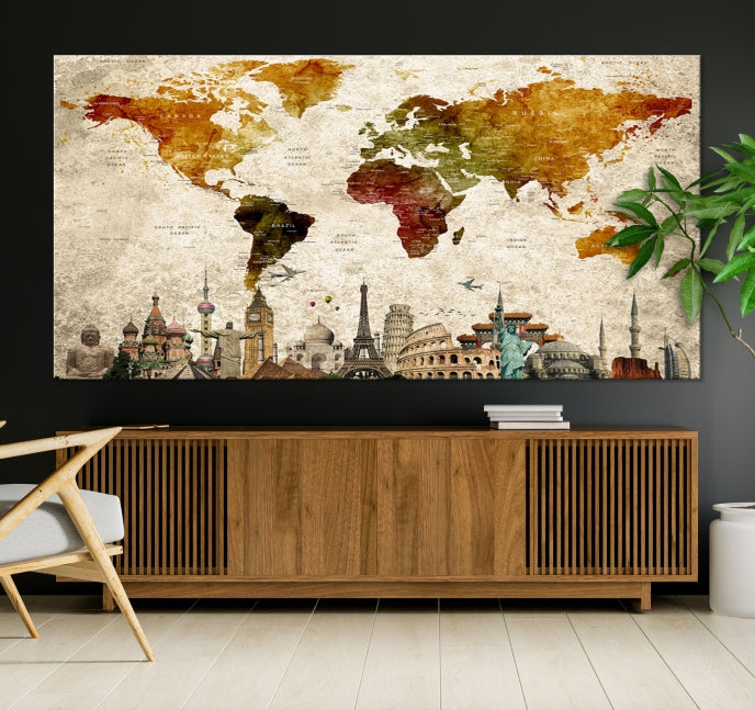 Extra Large Push Pin Detailed World Map with World Landmarks Wall Art Canvas Print