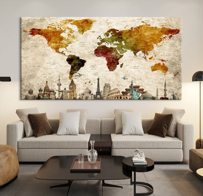 Extra Large Push Pin Detailed World Map with World Landmarks Wall Art Canvas Print