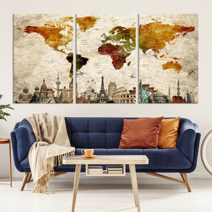 Extra Large Push Pin Detailed World Map with World Landmarks Wall Art Canvas Print