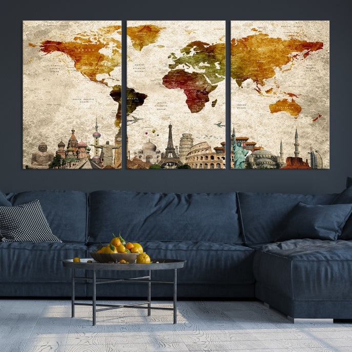 Extra Large Push Pin Detailed World Map with World Landmarks Wall Art Canvas Print