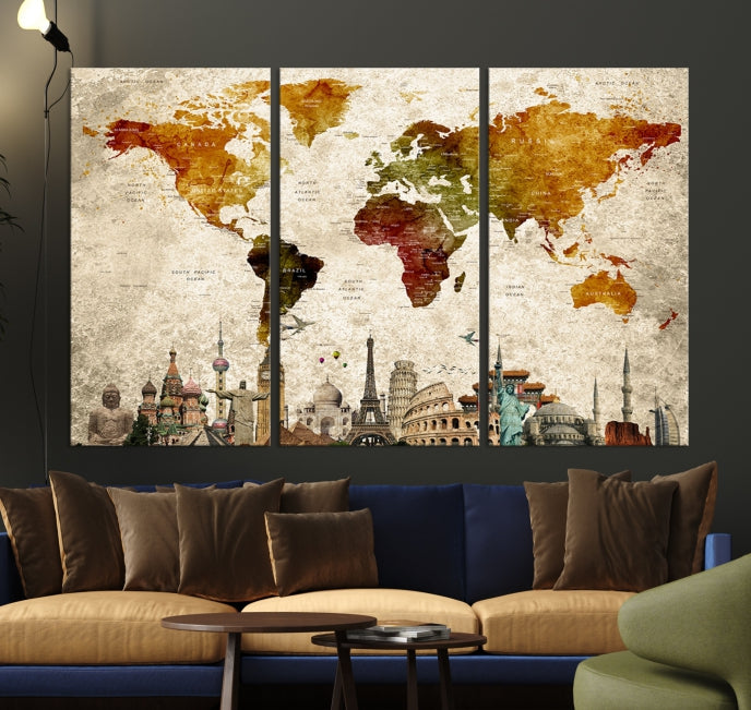 Extra Large Push Pin Detailed World Map with World Landmarks Wall Art Canvas Print