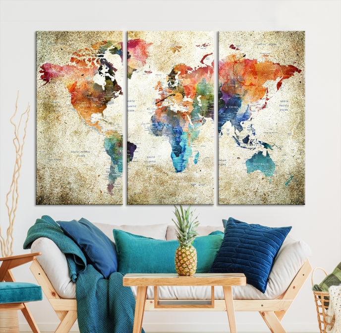 Extra Large Push Pin Grunge Watercolor World Map Wall Art Canvas Print