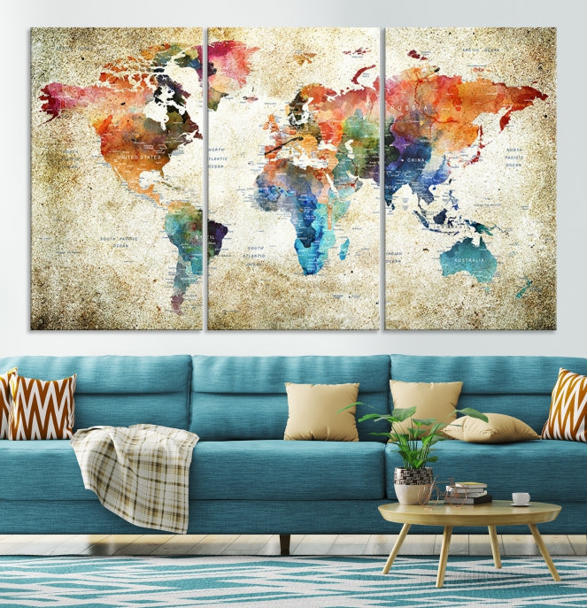 Extra Large Push Pin Grunge Watercolor World Map Wall Art Canvas Print