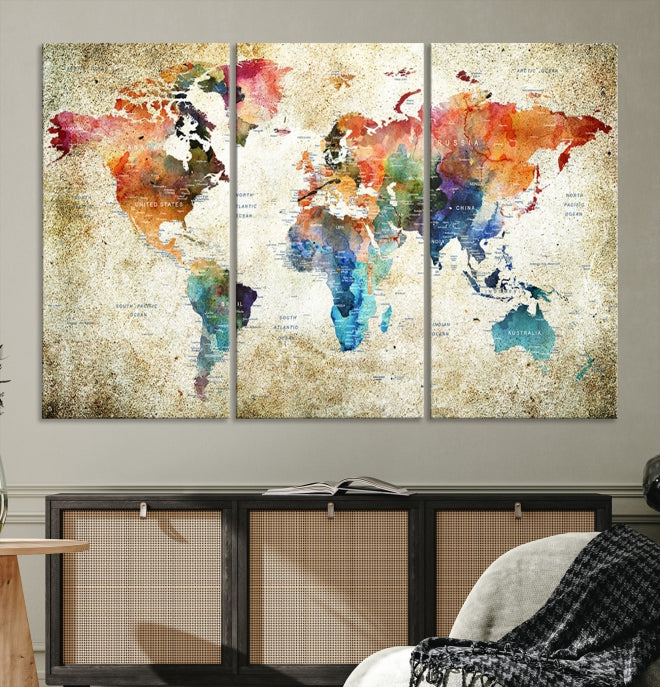 Extra Large Push Pin Grunge Watercolor World Map Wall Art Canvas Print