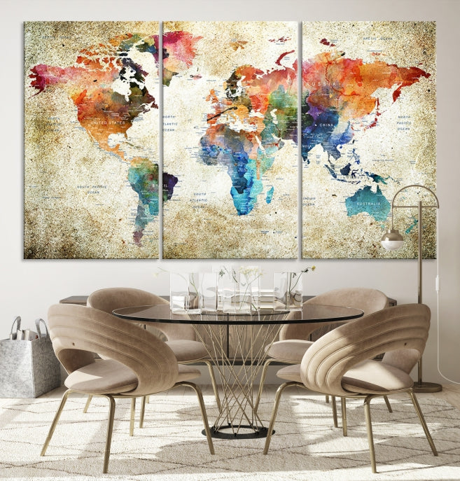 Extra Large Push Pin Grunge Watercolor World Map Wall Art Canvas Print