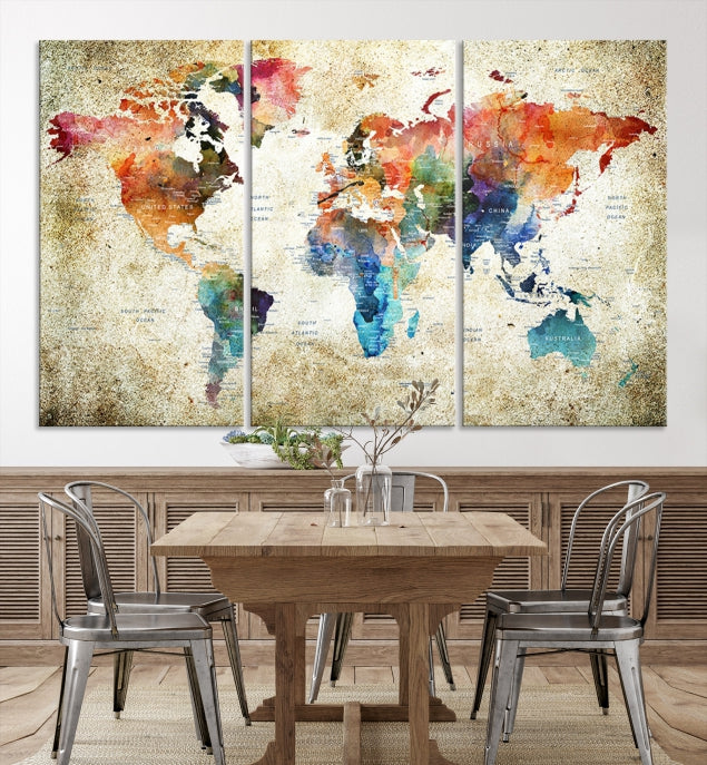 Extra Large Push Pin Grunge Watercolor World Map Wall Art Canvas Print