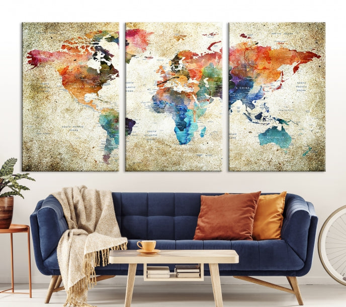 Extra Large Push Pin Grunge Watercolor World Map Wall Art Canvas Print