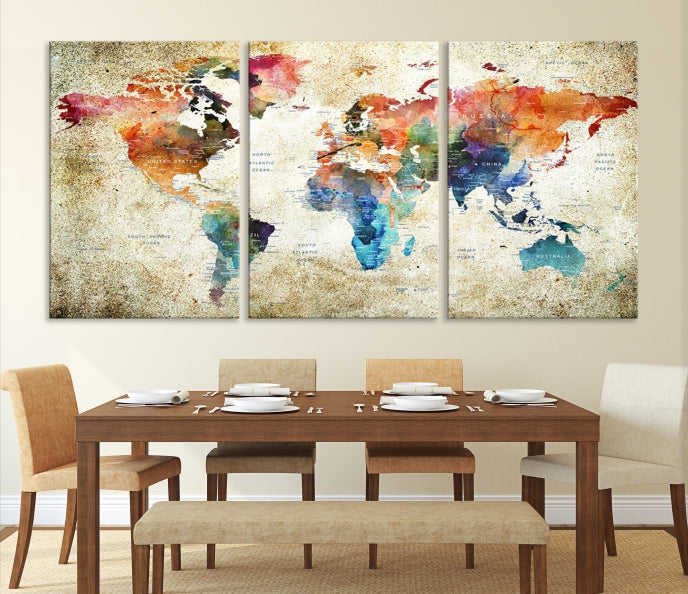 Extra Large Push Pin Grunge Watercolor World Map Wall Art Canvas Print