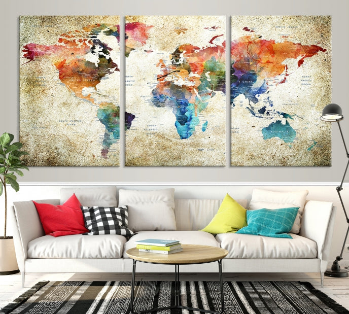 Extra Large Push Pin Grunge Watercolor World Map Wall Art Canvas Print