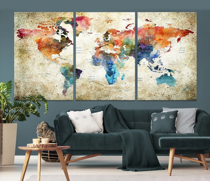 Extra Large Push Pin Grunge Watercolor World Map Wall Art Canvas Print