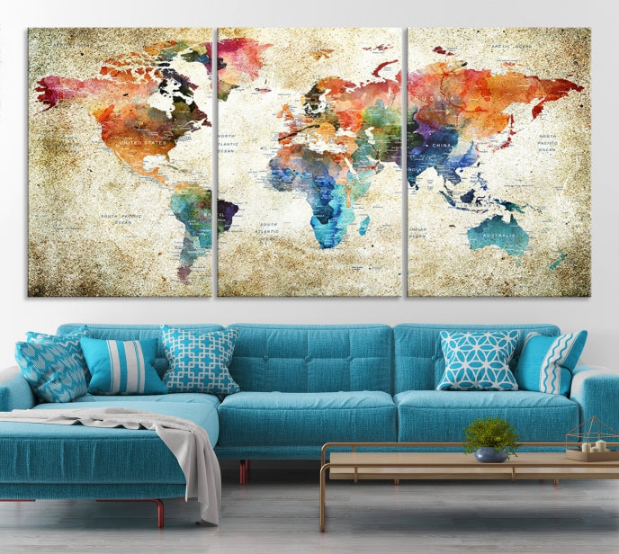 Extra Large Push Pin Grunge Watercolor World Map Wall Art Canvas Print