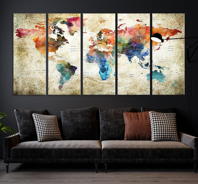 Extra Large Push Pin Grunge Watercolor World Map Wall Art Canvas Print