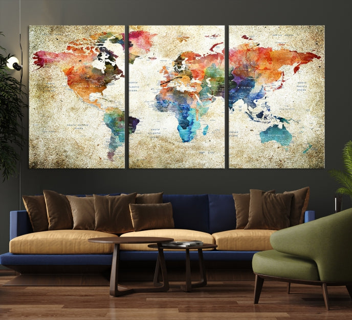 Extra Large Push Pin Grunge Watercolor World Map Wall Art Canvas Print