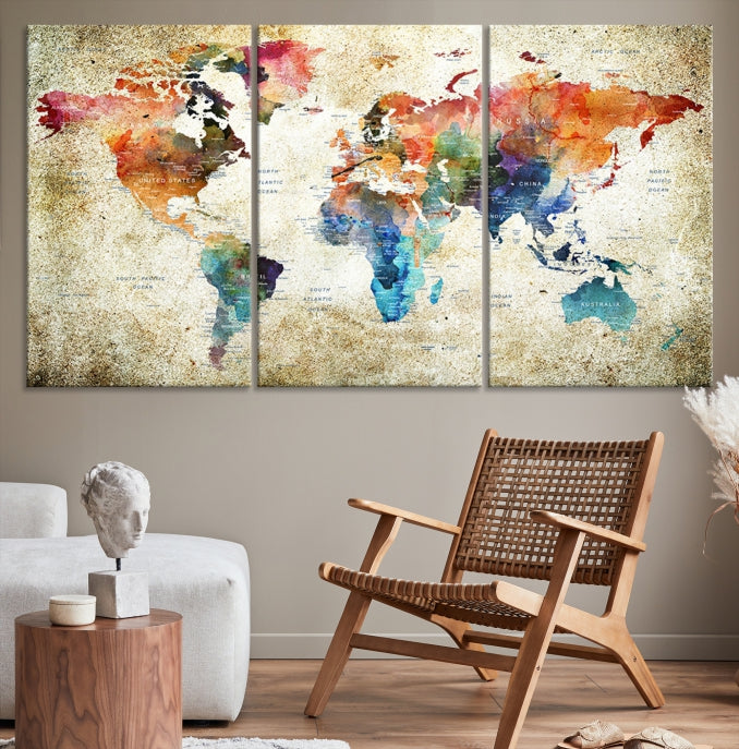 Extra Large Push Pin Grunge Watercolor World Map Wall Art Canvas Print