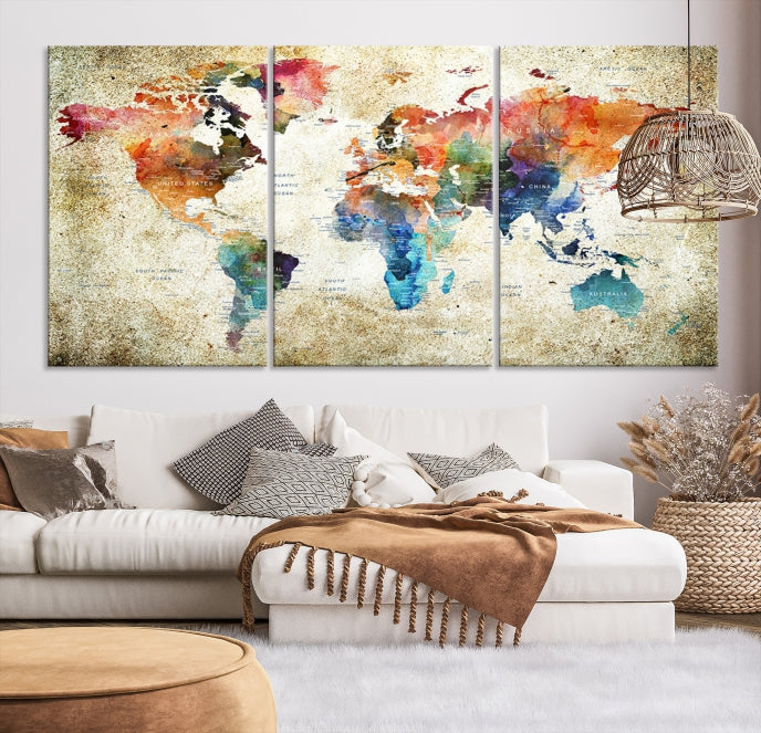 Extra Large Push Pin Grunge Watercolor World Map Wall Art Canvas Print