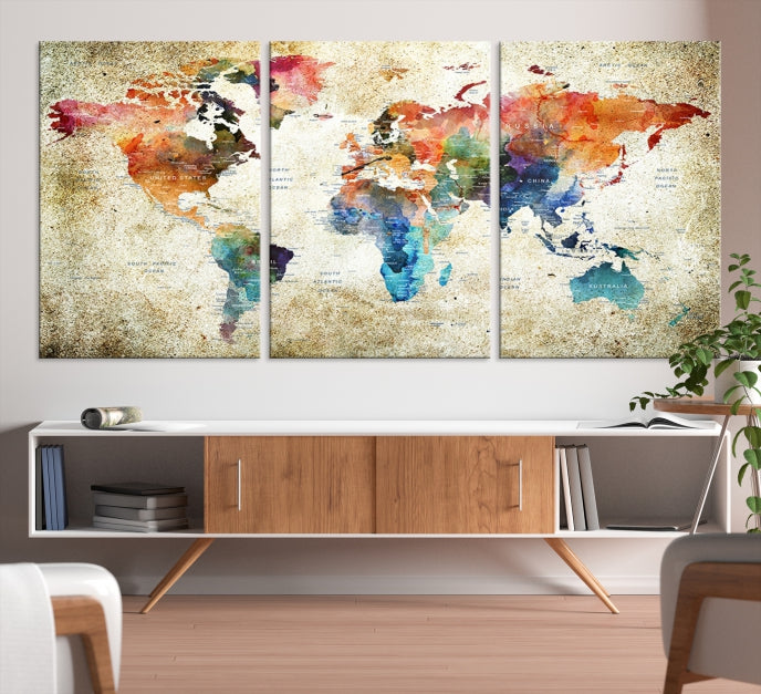 Extra Large Push Pin Grunge Watercolor World Map Wall Art Canvas Print